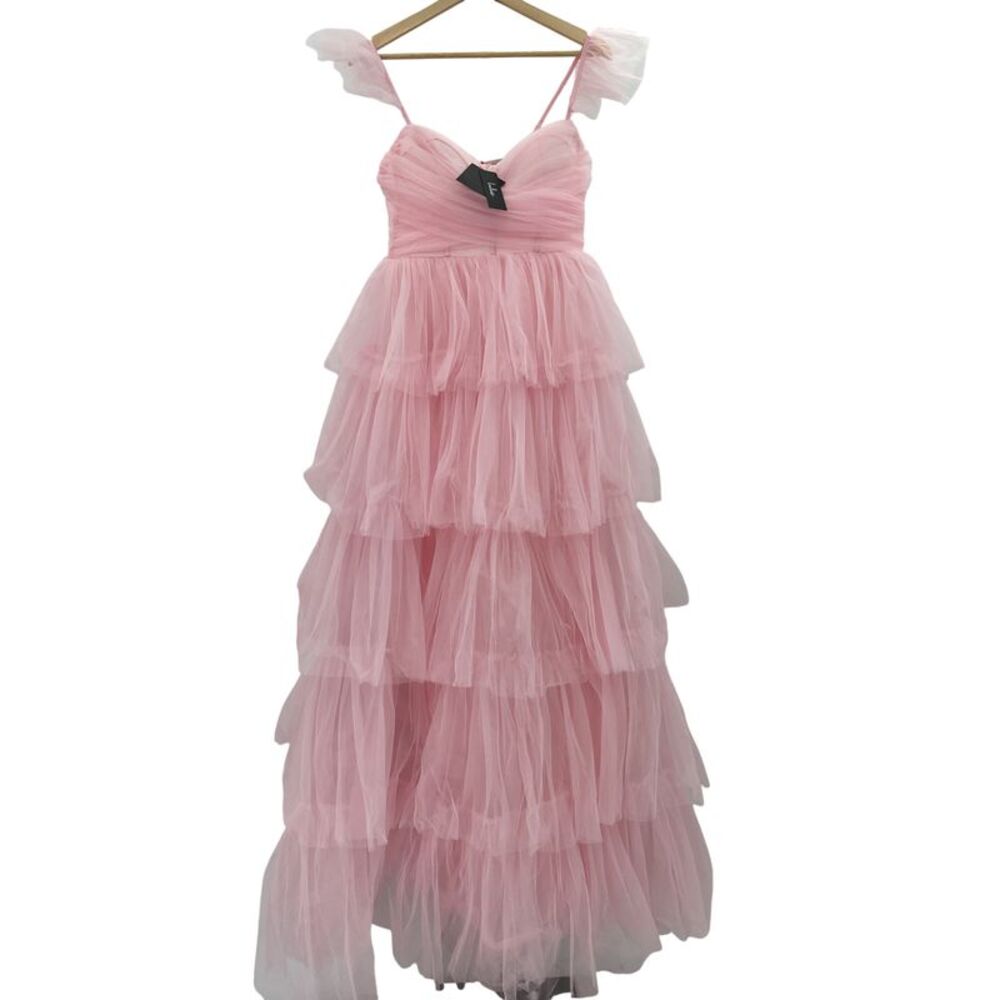 Lulus Fabulous Poise Tulle Ruffled Tiered Maxi Dress Pink M